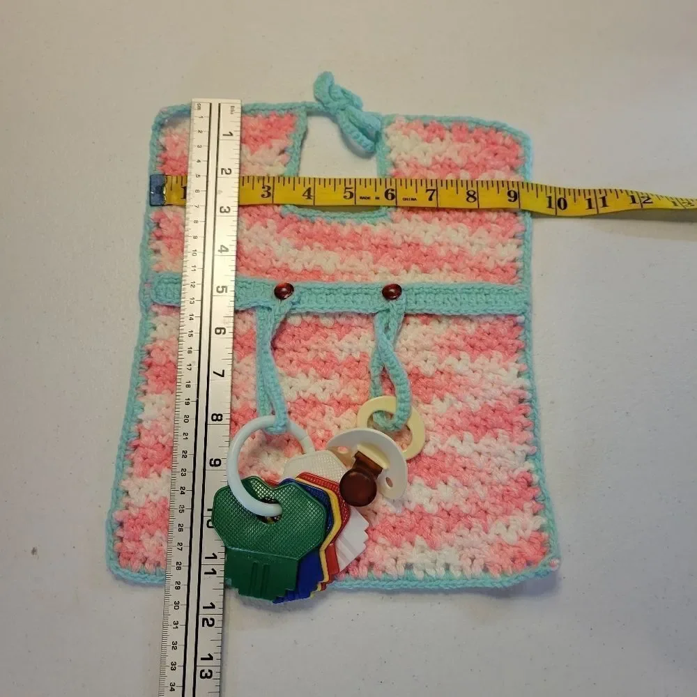Playtime Bib Hand Crochet Pink & Mint With Toy Attachments Vintage 80s